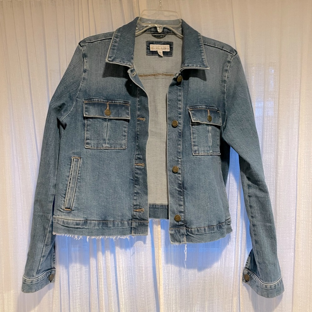 Loft cropped stretch distressed jean jacket